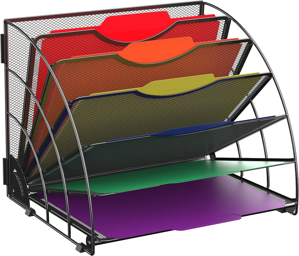 Fan Shaped Desk File Organizer, 6 Compartments for Filing Paper Bills, Letters, Desk Accessories for Workspace, School, Office, Waiting Room, Classroom Storage, Black