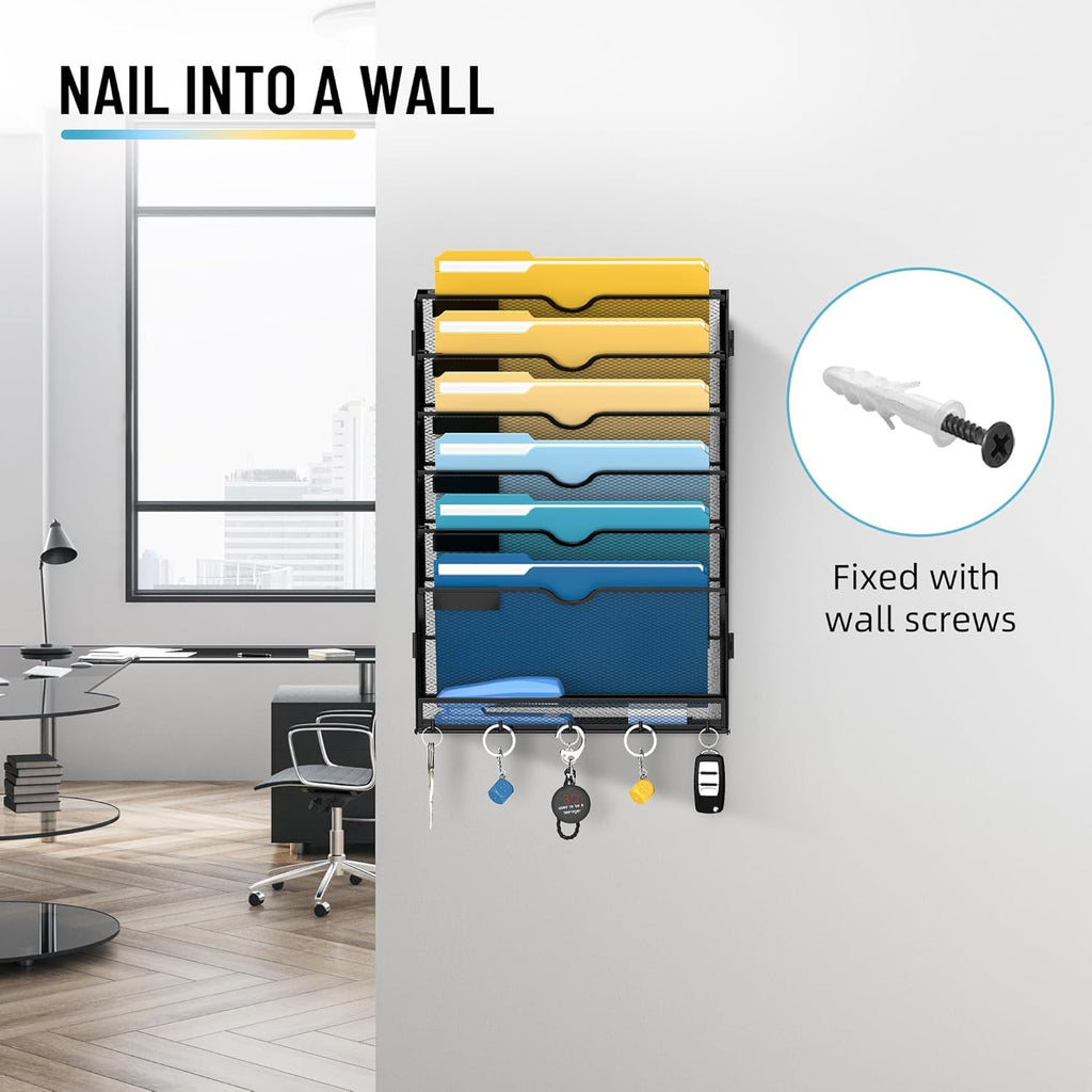7-Tier Wall File Holder Organizer with Hooks, Mesh Hanging File Organizer, Mail Organizer Wall Mounted for Papers, Folders, Office Magazine Rack, Assembly Needed, Black