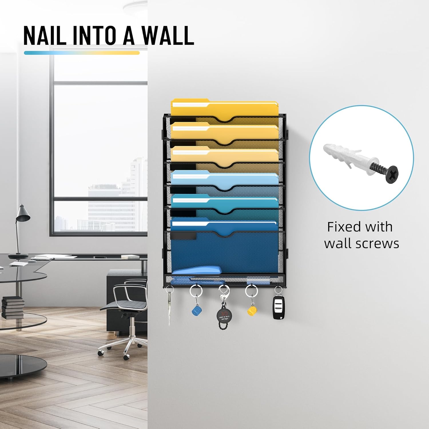 7-Tier Wall File Holder Organizer with Hooks, Mesh Hanging File Organizer, Mail Organizer Wall Mounted for Papers, Folders, Office Magazine Rack, Assembly Needed, Black