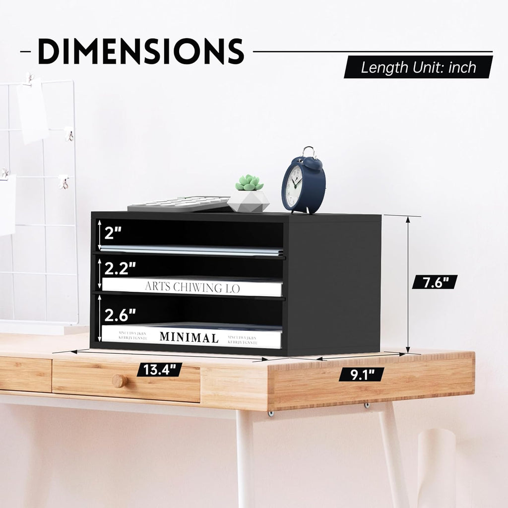 Wooden Desk Organizer - 3 Tier Paper File Organizer for Office, School &amp; Home, Black