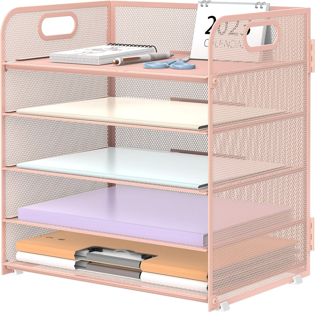 5 Trays Paper Organizer Letter Tray with Handle-Mesh Desk File Organizer, Paper Sorter Desk Organizer for Office, Home or School