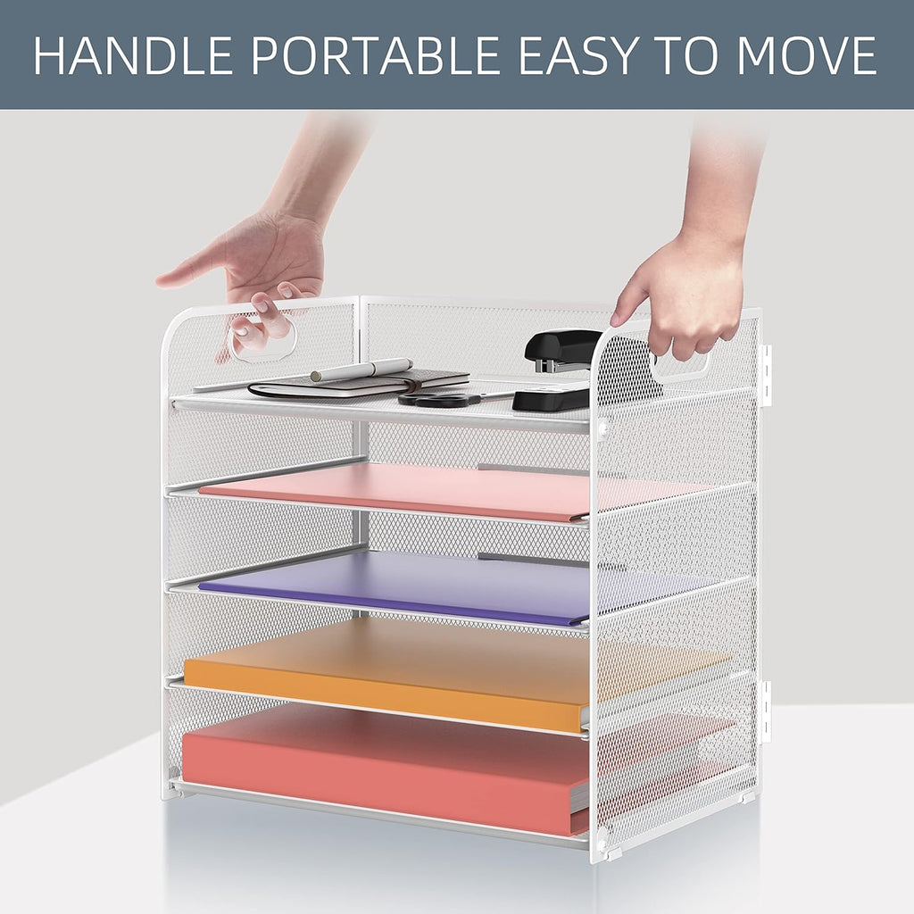 5 Trays Paper Organizer Letter Tray with Handle-Mesh Desk File Organizer, Paper Sorter Desk Organizer for Office, Home or School