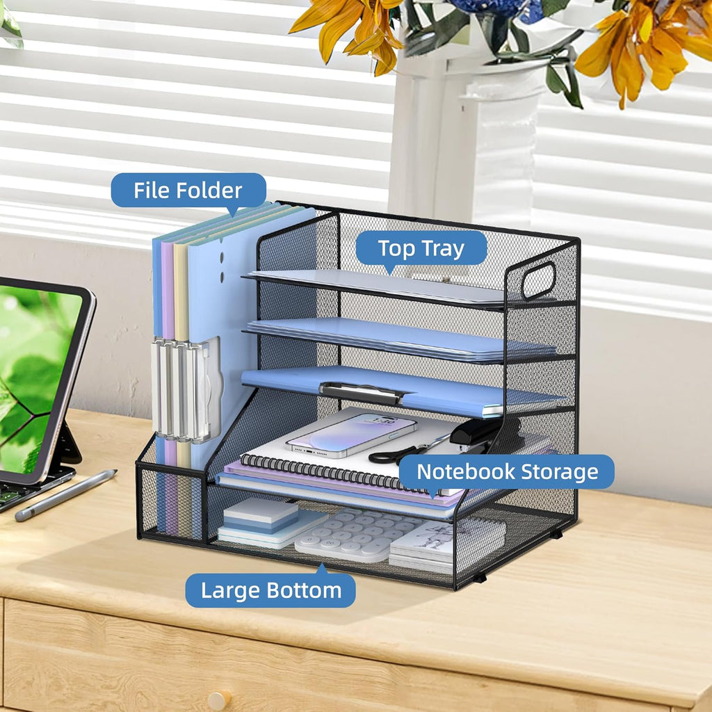 Desk Organizer with File Holder, 5-Tier Mesh Paper Letter Tray Organizer, Desktop Organizer and Storage with 3 Slot Document File Sorter for Office Supplies, Black