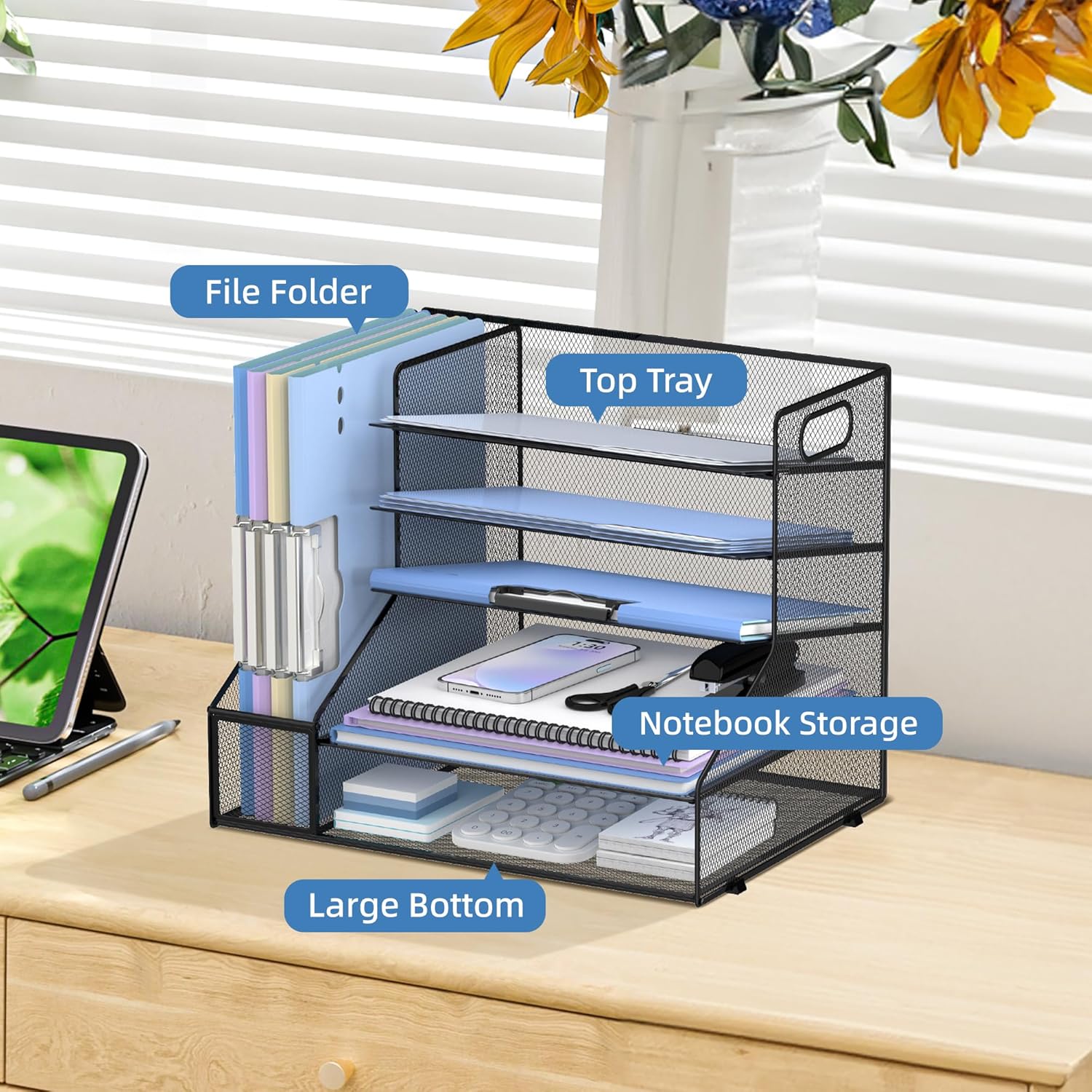 Desk Organizer with File Holder, 5-Tier Mesh Paper Letter Tray Organizer, Desktop Organizer and Storage with 3 Slot Document File Sorter for Office Supplies, Black