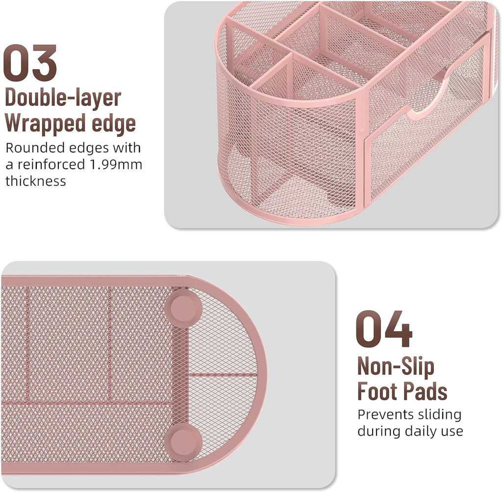 Mesh Desk Organizer, Desk Accessories &amp; Workspace Organizers with Drawers, Pencil Holder for Desk with 9 Compartments for Office Suppliess, 8.6 x 4.3 x 4.1 Inch, Pink