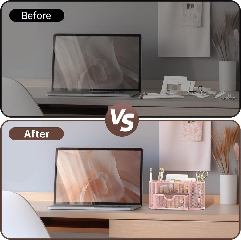 Mesh Desk Organizer, Desk Accessories &amp; Workspace Organizers with Drawers, Pencil Holder for Desk with 9 Compartments for Office Suppliess, 8.6 x 4.3 x 4.1 Inch, Pink