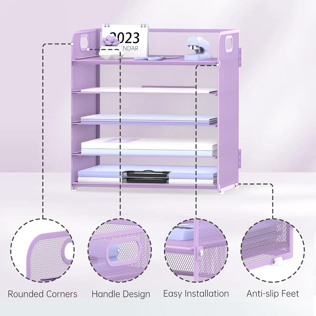5 Trays Paper Organizer Letter Tray with Handle-Mesh Desk File Organizer, Paper Sorter Desk Organizer for Office, Home or School