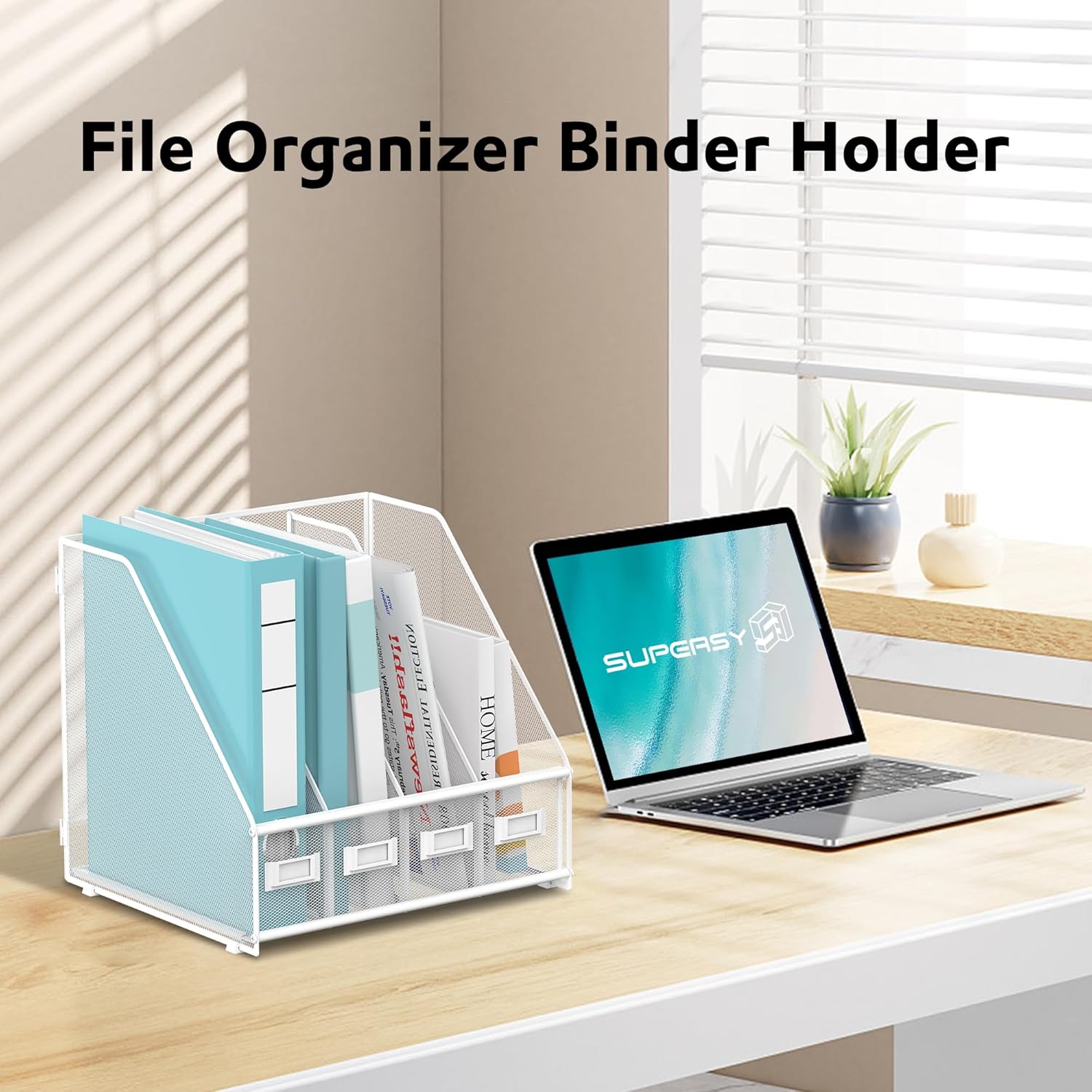 Magazine File Holder, Binder Holder Metal Desk Organizer with 4 Rack Compartments, File Organizer for Office Home School, White Plus