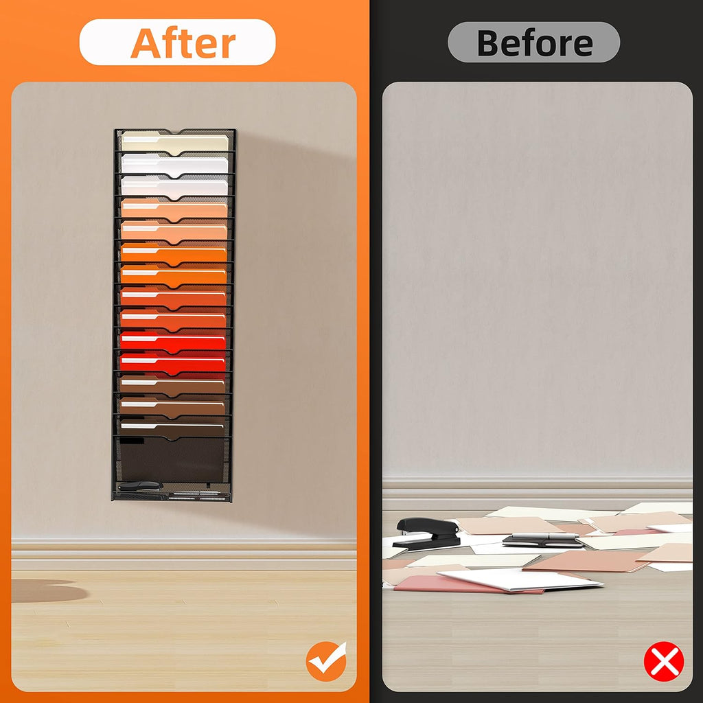 16-Tier Hanging Wall File Holder Organizer for Papers, Folders, Files Clipboard &amp; Magazine Organization Great for Office Home, Black