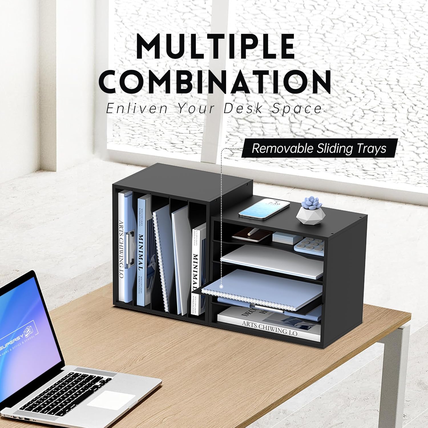 Wood Desk Organizer, 5 Tier Paper File Organizer for Desk, Wooden Desktop Organizer, Paper Letter Literature Mail Sorter, for Office School &amp; Home Organization, Black