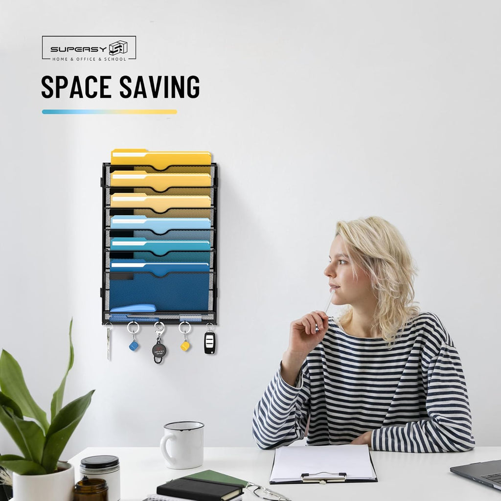 7-Tier Wall File Holder Organizer with Hooks, Mesh Hanging File Organizer, Mail Organizer Wall Mounted for Papers, Folders, Office Magazine Rack, Assembly Needed, Black