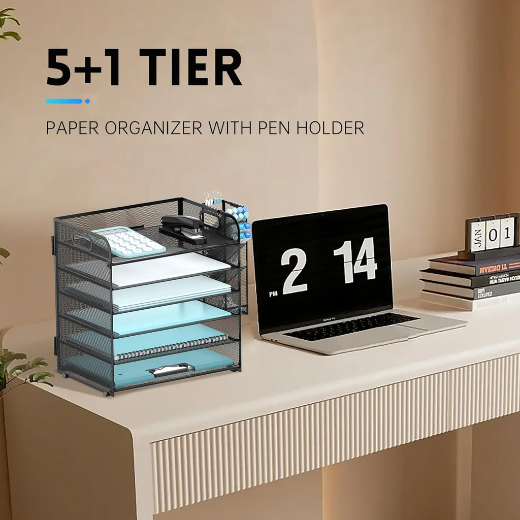6 Tier Paper Organizer with 4 Pen Holders, Mesh Desk Letter Tray with Handle, A4 File Folder Organizer, Black