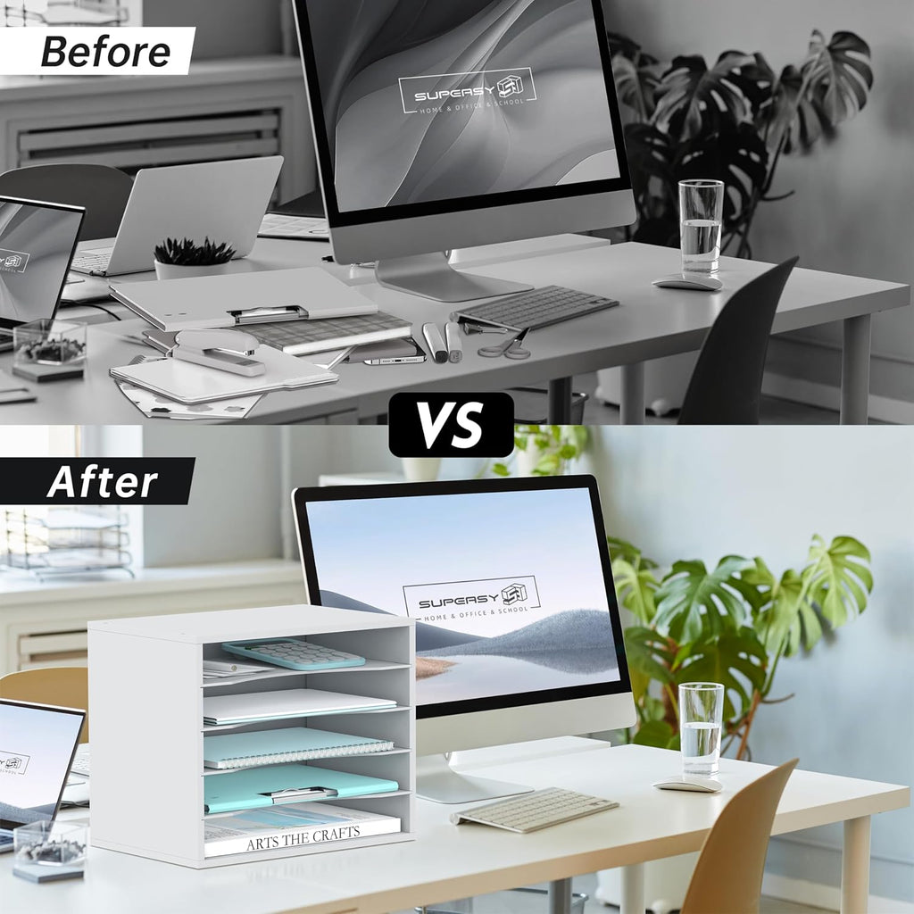 Wood Desk Organizer, 5 Tier Paper File Organizer for Desk, Wooden Desktop Organizer, Paper Letter Literature Mail Sorter, for Office School &amp; Home Organization, White