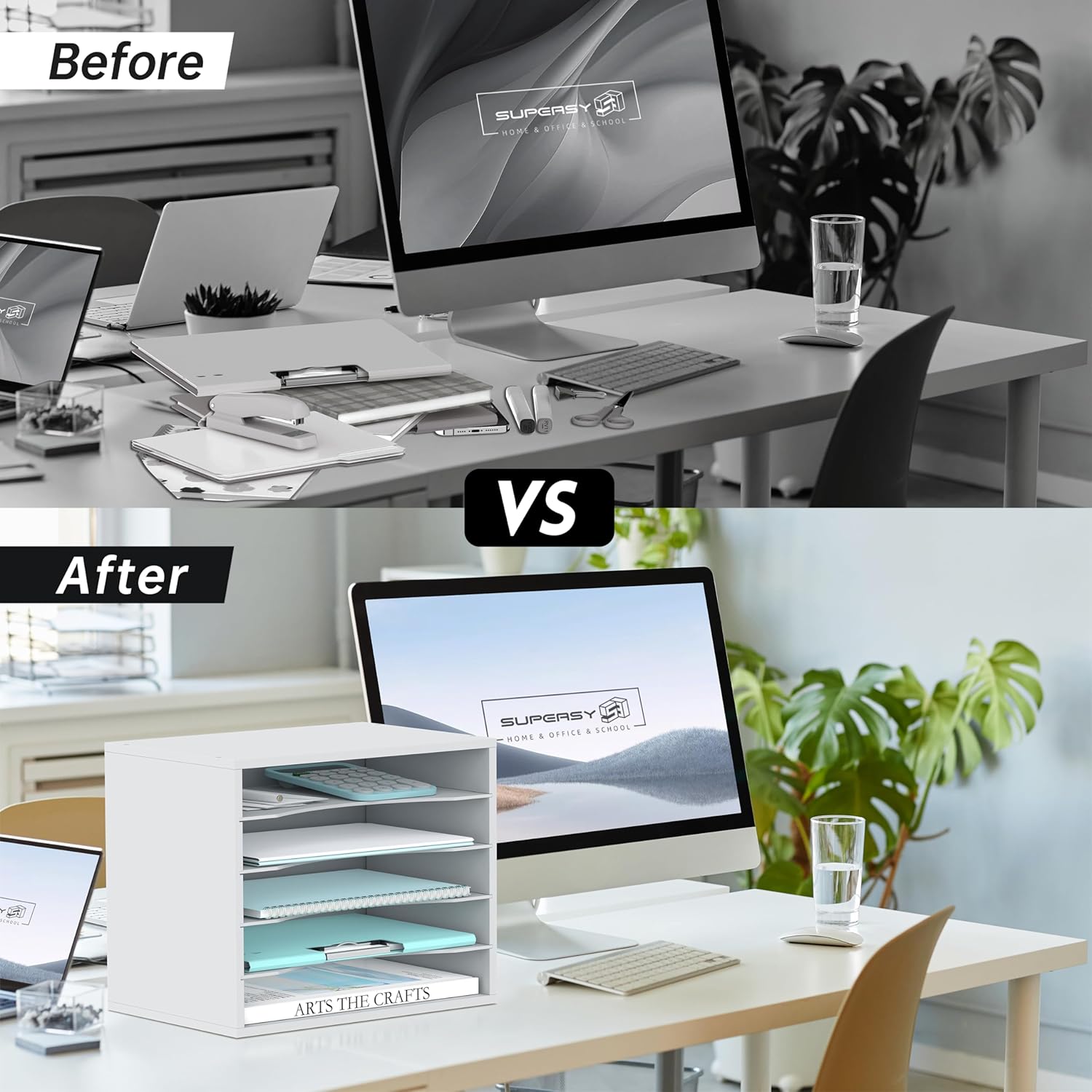 Wood Desk Organizer, 5 Tier Paper File Organizer for Desk, Wooden Desktop Organizer, Paper Letter Literature Mail Sorter, for Office School &amp; Home Organization, White