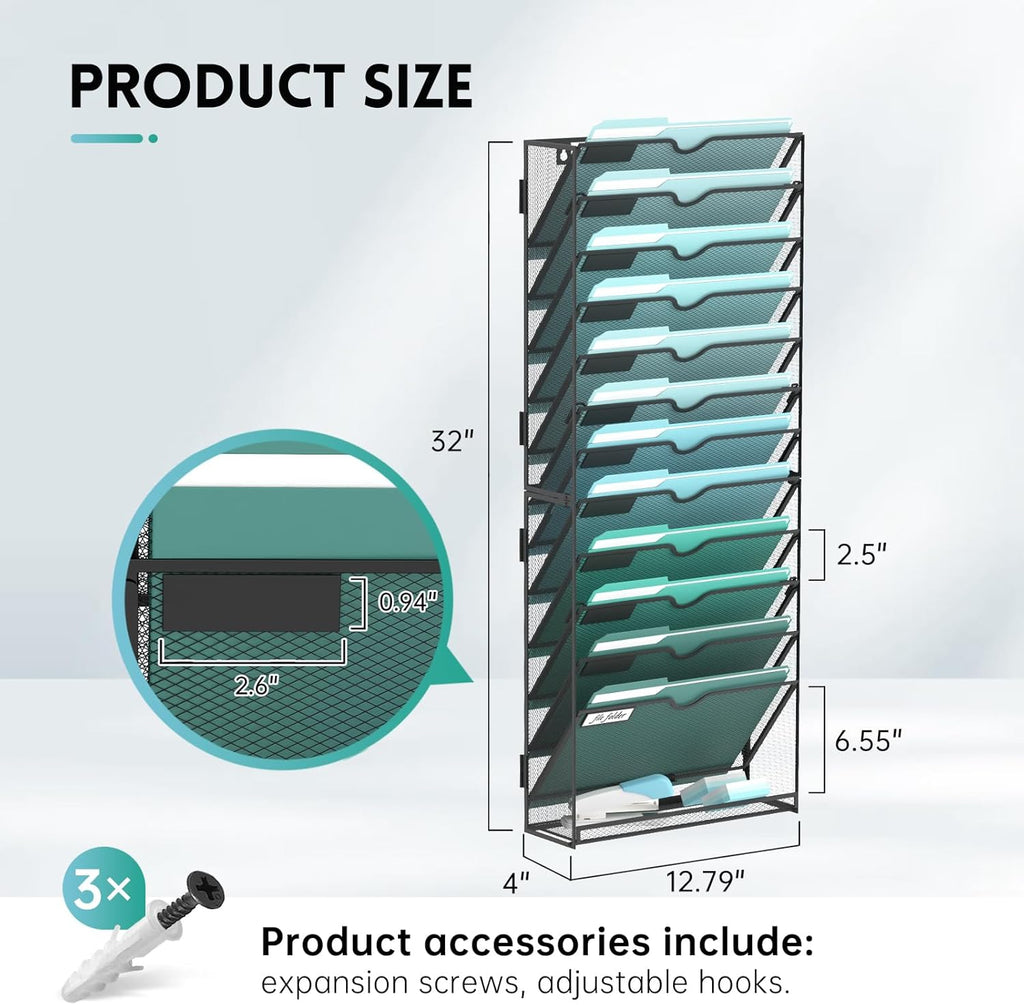 13-Tier Wall File Organizer, Hanging Wall Files for Papers, Folders, Magazines, Wall Organizer for Clipboard, Assembly Needed, Black