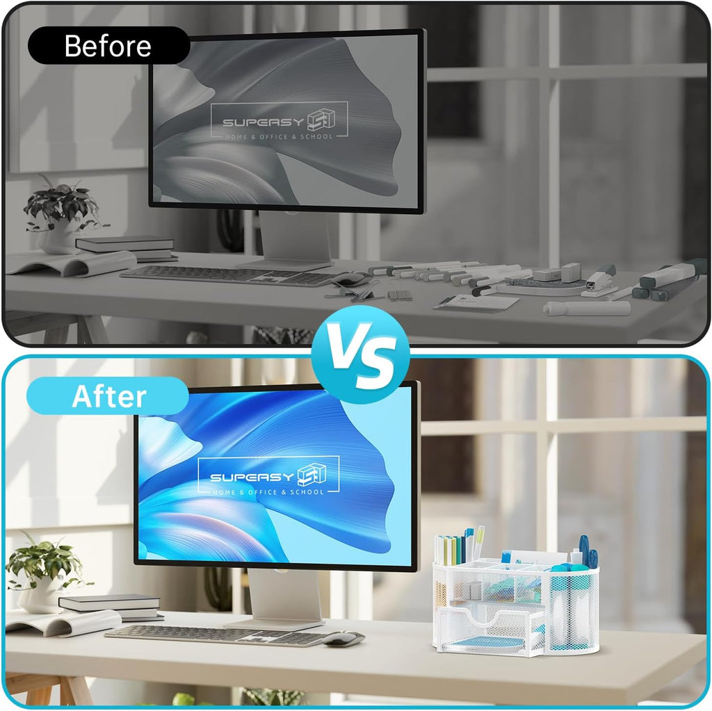 Mesh Desk Organizer, Desk Accessories &amp; Workspace Organizers with Drawers, Pencil Holder for Desk with 9 Compartments for Office Suppliess, 8.6 x 4.3 x 4.1 Inch, White