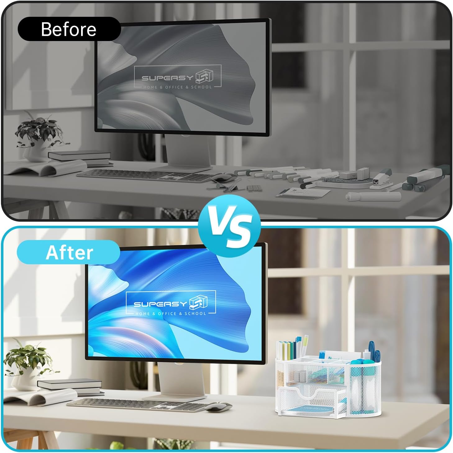 Mesh Desk Organizer, Desk Accessories &amp; Workspace Organizers with Drawers, Pencil Holder for Desk with 9 Compartments for Office Suppliess, 8.6 x 4.3 x 4.1 Inch, White