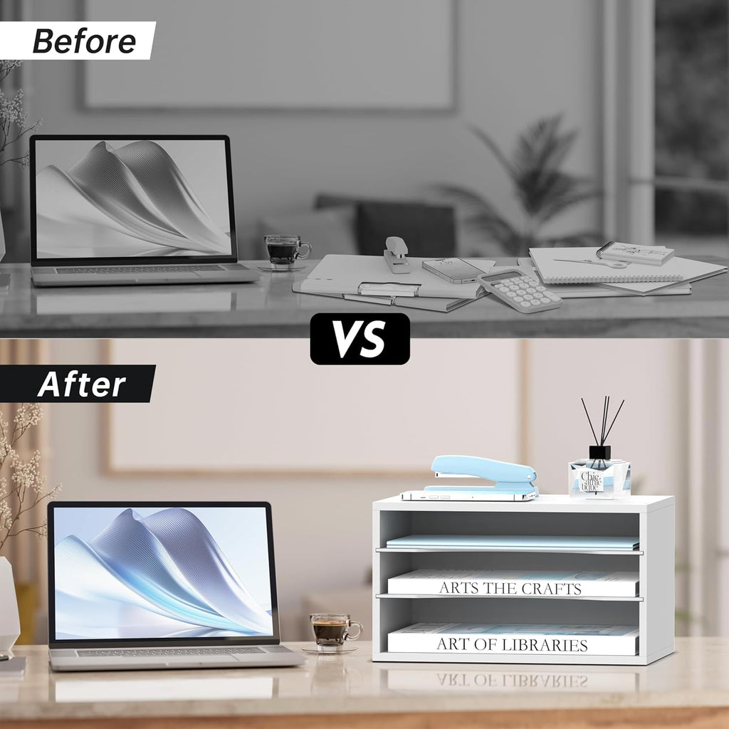 Wood Desk Organizer, 3 Tier Paper File Organizer for Desk, Wooden Desktop Organizer, Paper Letter Literature Mail Sorter, for Office School &amp; Home Organization, White
