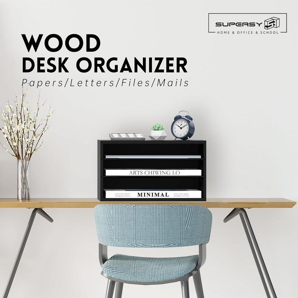 Wooden Desk Organizer - 3 Tier Paper File Organizer for Office, School &amp; Home, Black