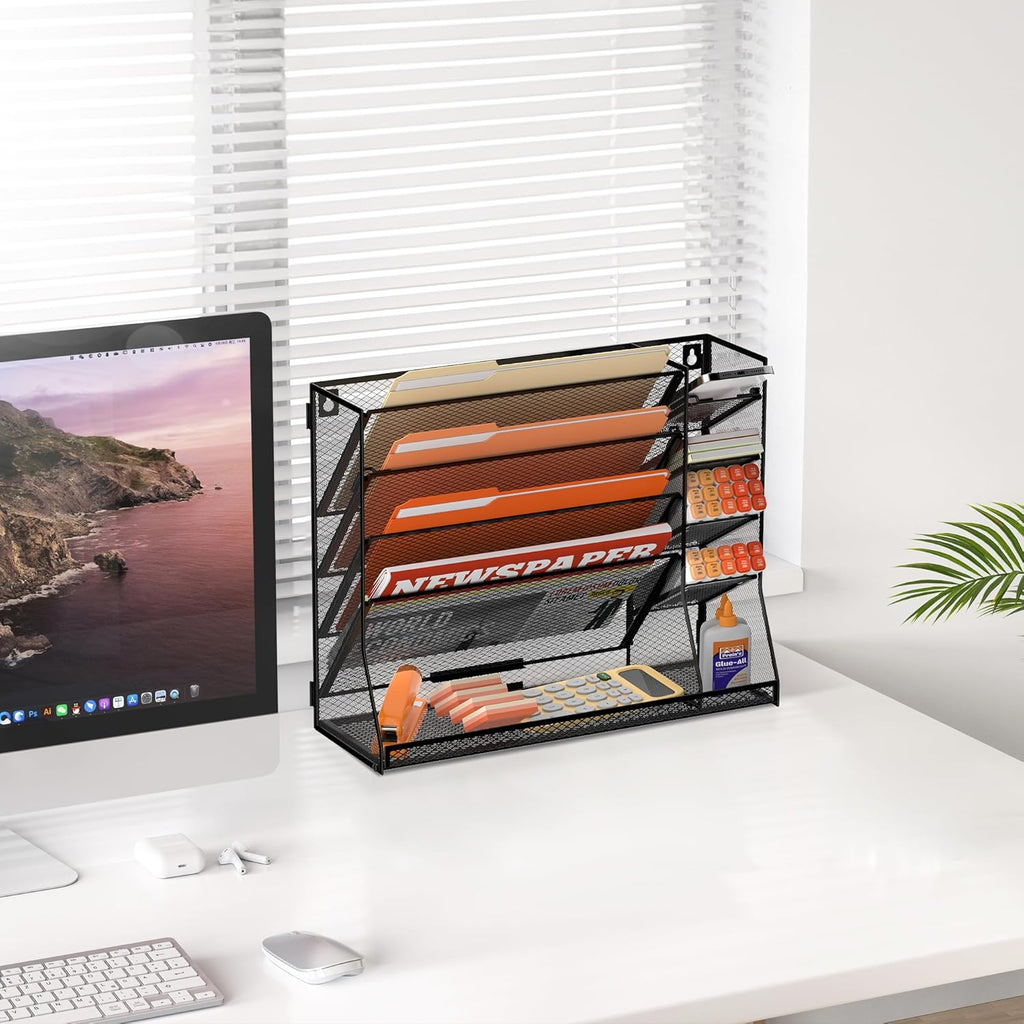 Wall File Organizer, 5-Tier Desk Organizer with 4 Pen Holders, Wall Organizer for Office with R-shaped Bottom Tray, Desk Organizers and Accessories for Office Supplies, Black