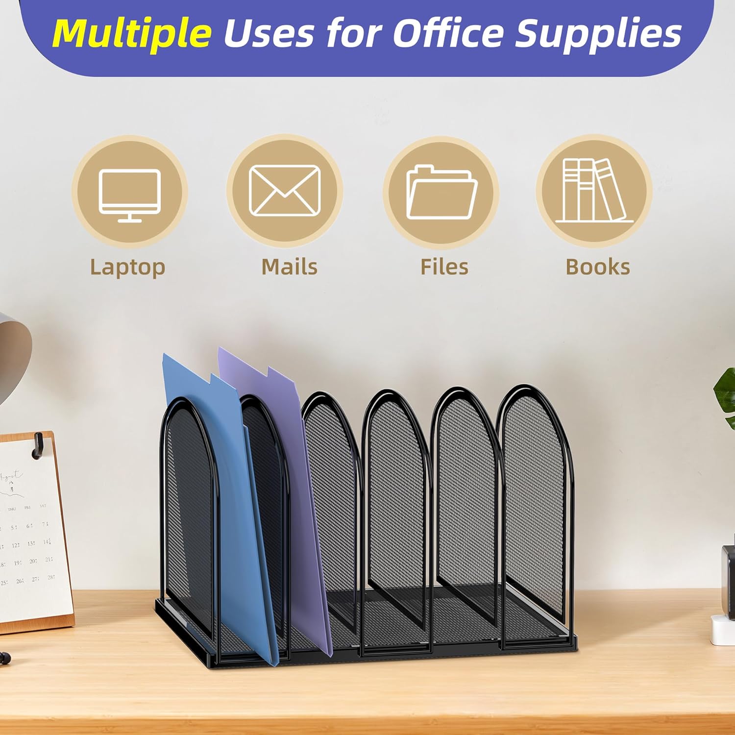 File Organizer for Desk, 5-Section Mesh Desk Organizer, Vertical File Holder Desktop Organizer File Sorter, File Folder Holder for Office Supplies, Black