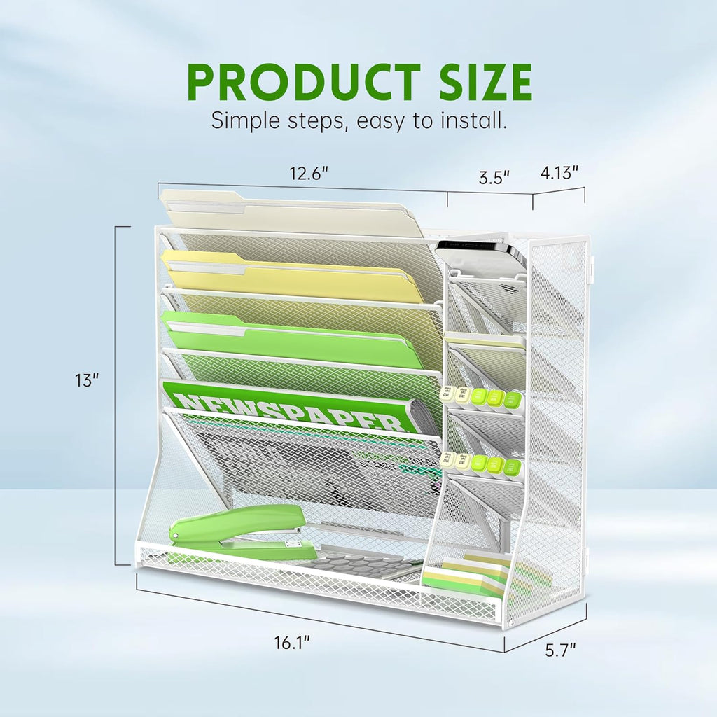 Wall File Organizer, 5-Tier Desk Organizer with 4 Pen Holders, Wall Organizer for Office with R-shaped Bottom Tray, Desk Organizers and Accessories for Office Supplies, White