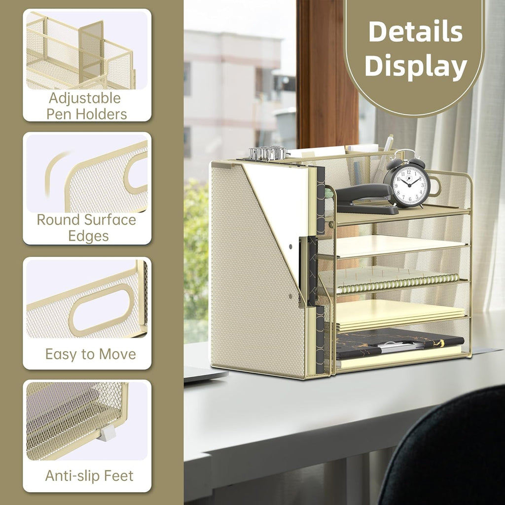 Desk Organizer with File Holder, 5 Tier Desktop File Organizer with 3 Pen Holders, Paper Letter Tray for Office Home Organization &amp; Storage, Mesh Desk Accessories &amp; Supplies, Golden Yellow