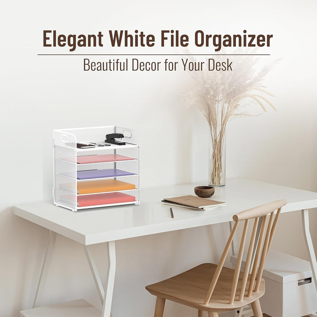 5 Trays Paper Organizer Letter Tray with Handle-Mesh Desk File Organizer, Paper Sorter Desk Organizer for Office, Home or School