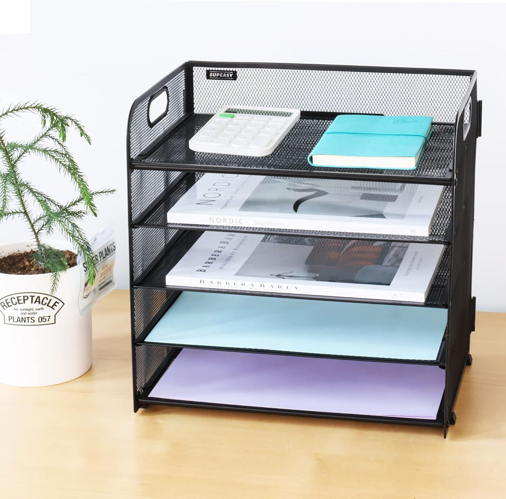 5 Trays Paper Organizer Letter Tray with Handle-Mesh Desk File Organizer, Paper Sorter Desk Organizer for Office, Home or School