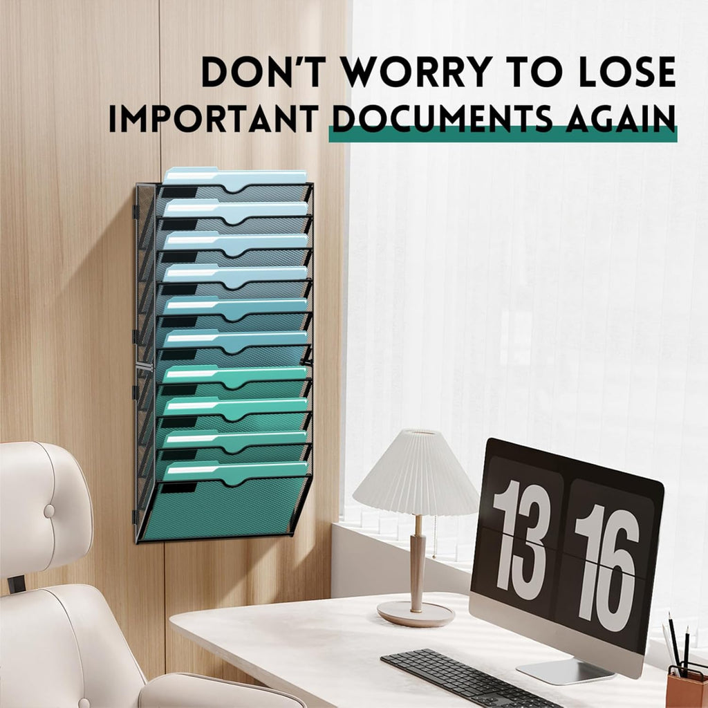 10-Tier Wall File Organizer, Hanging Wall Files for Papers, Folders, Magazines, Wall Organizer for Clipboard, Assembly Needed, Black