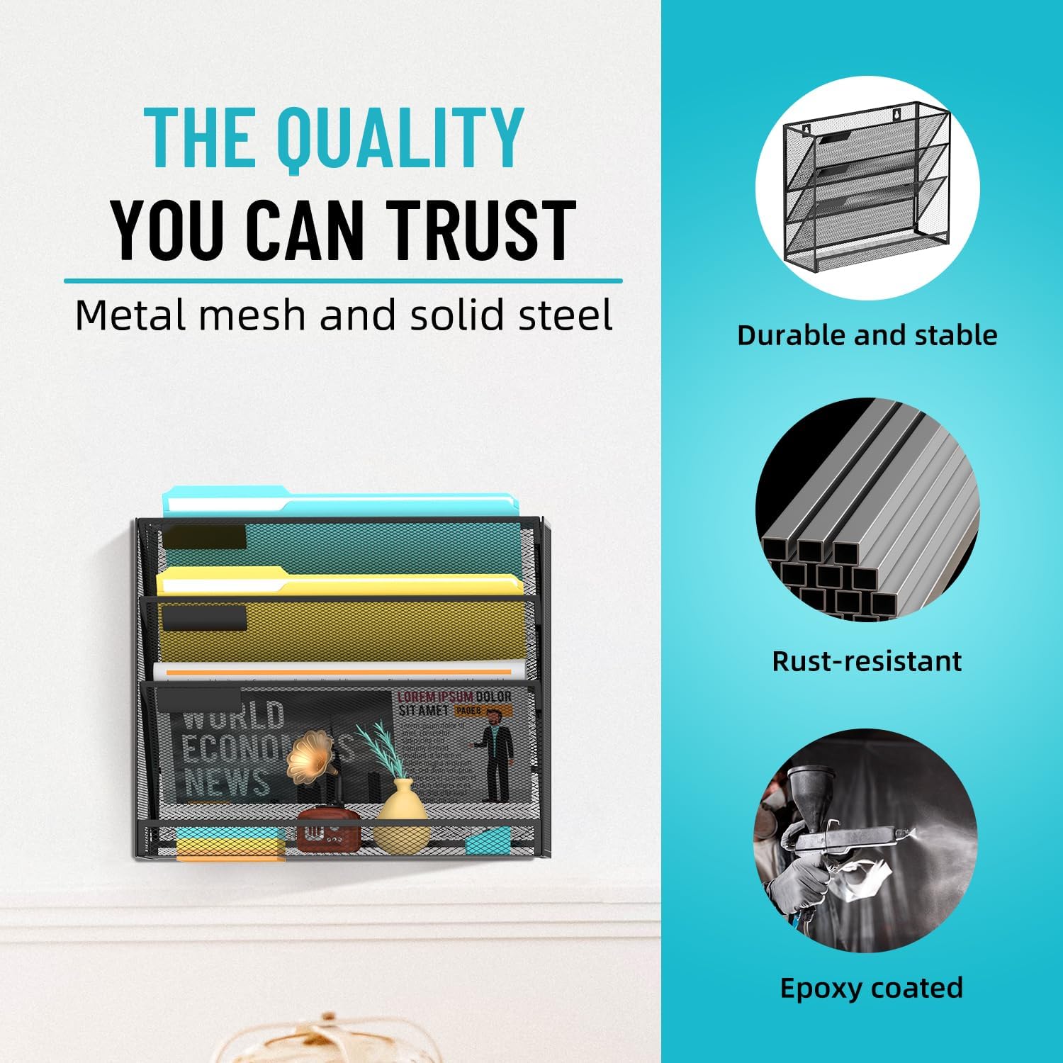 4-Tier Wall File Organizer Mesh Office Mail Holder, Hanging Wall Organizer Magazine Rack for Office Black