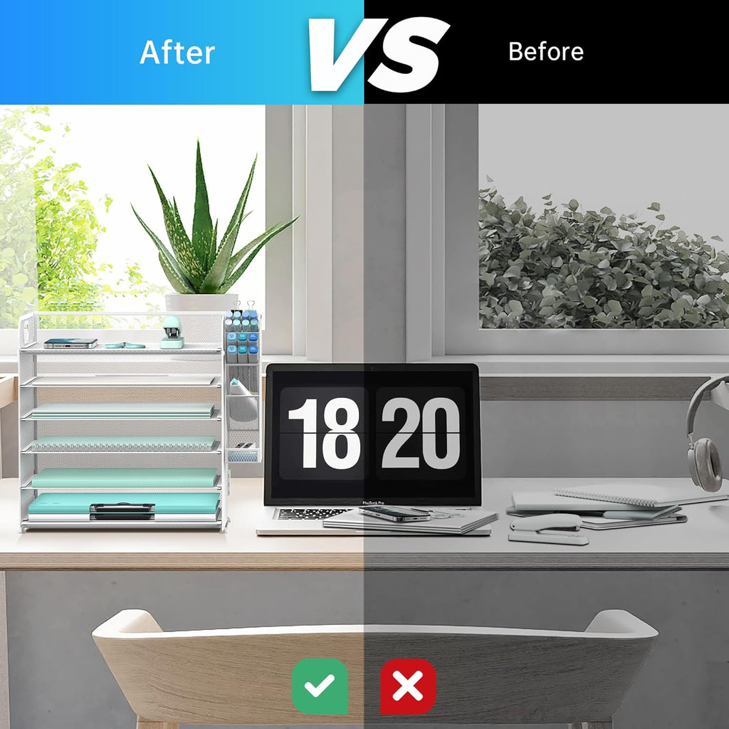 6 Tier Paper Organizer with 4 Pen Holders, Mesh Letter Tray with Handle, Paper Tray Organizer for A4 Files, White