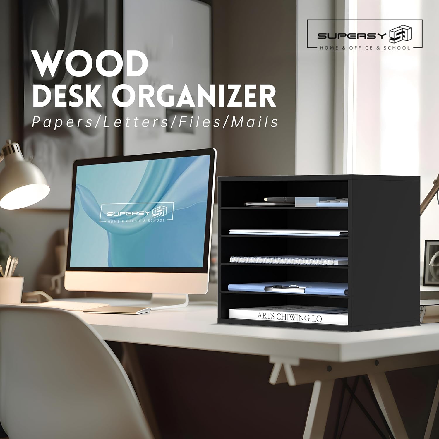 Wood Desk Organizer, 5 Tier Paper File Organizer for Desk, Wooden Desktop Organizer, Paper Letter Literature Mail Sorter, for Office School &amp; Home Organization, Black