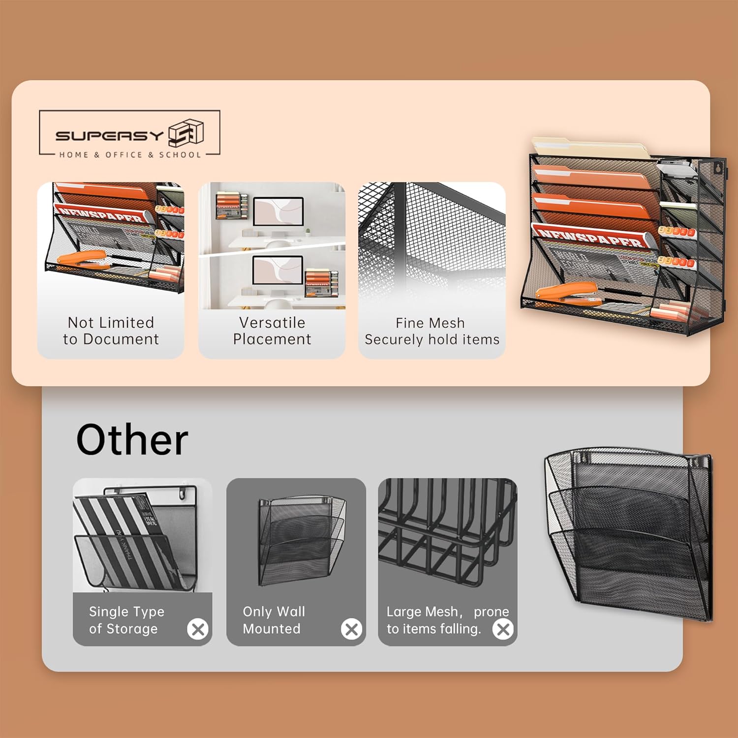 Wall File Organizer, 5-Tier Desk Organizer with 4 Pen Holders, Wall Organizer for Office with R-shaped Bottom Tray, Desk Organizers and Accessories for Office Supplies, Black