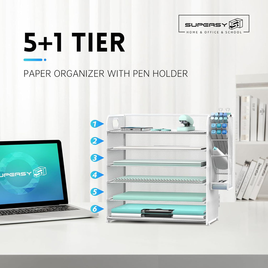 6 Tier Paper Organizer with 4 Pen Holders, Mesh Letter Tray with Handle, Paper Tray Organizer for A4 Files, White