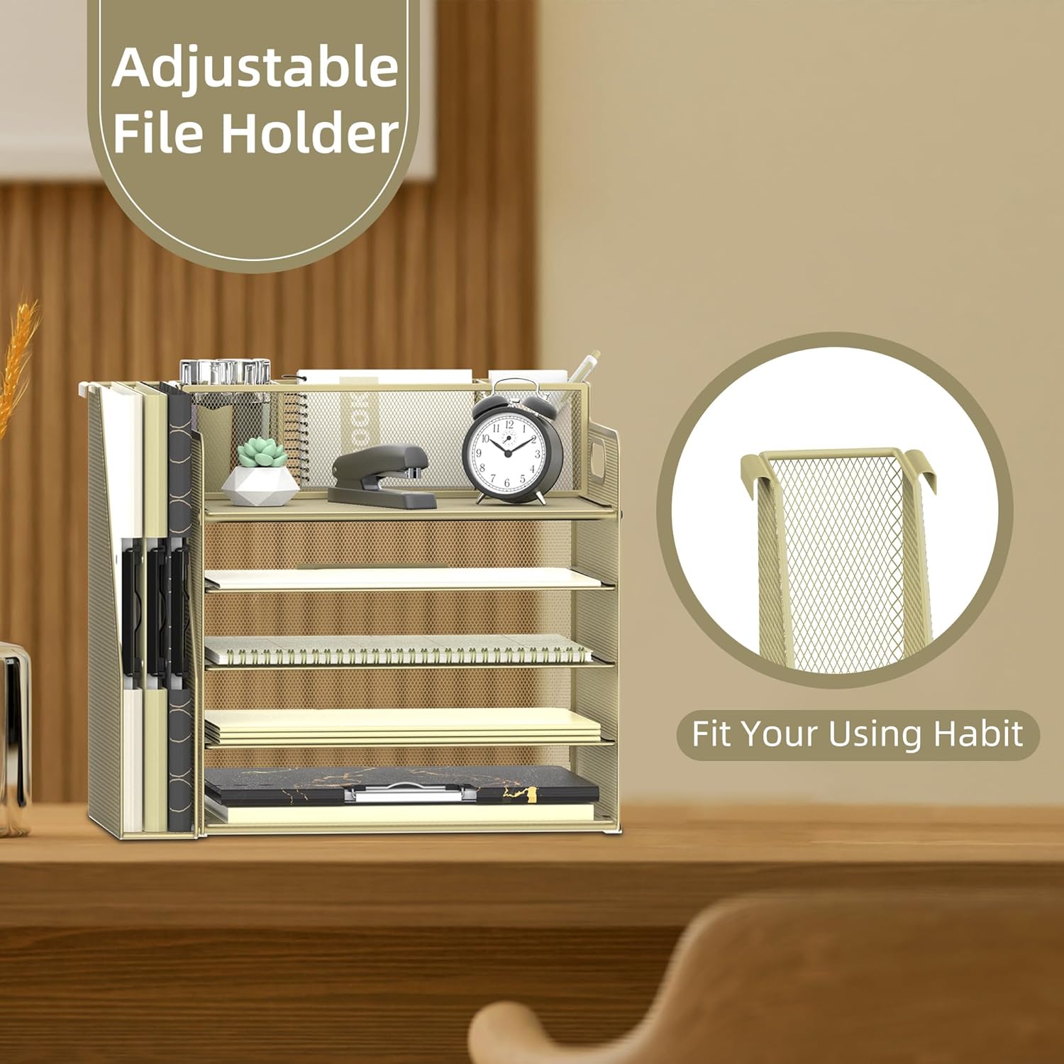 Desk Organizer with File Holder, 5 Tier Desktop File Organizer with 3 Pen Holders, Paper Letter Tray for Office Home Organization &amp; Storage, Mesh Desk Accessories &amp; Supplies, Golden Yellow