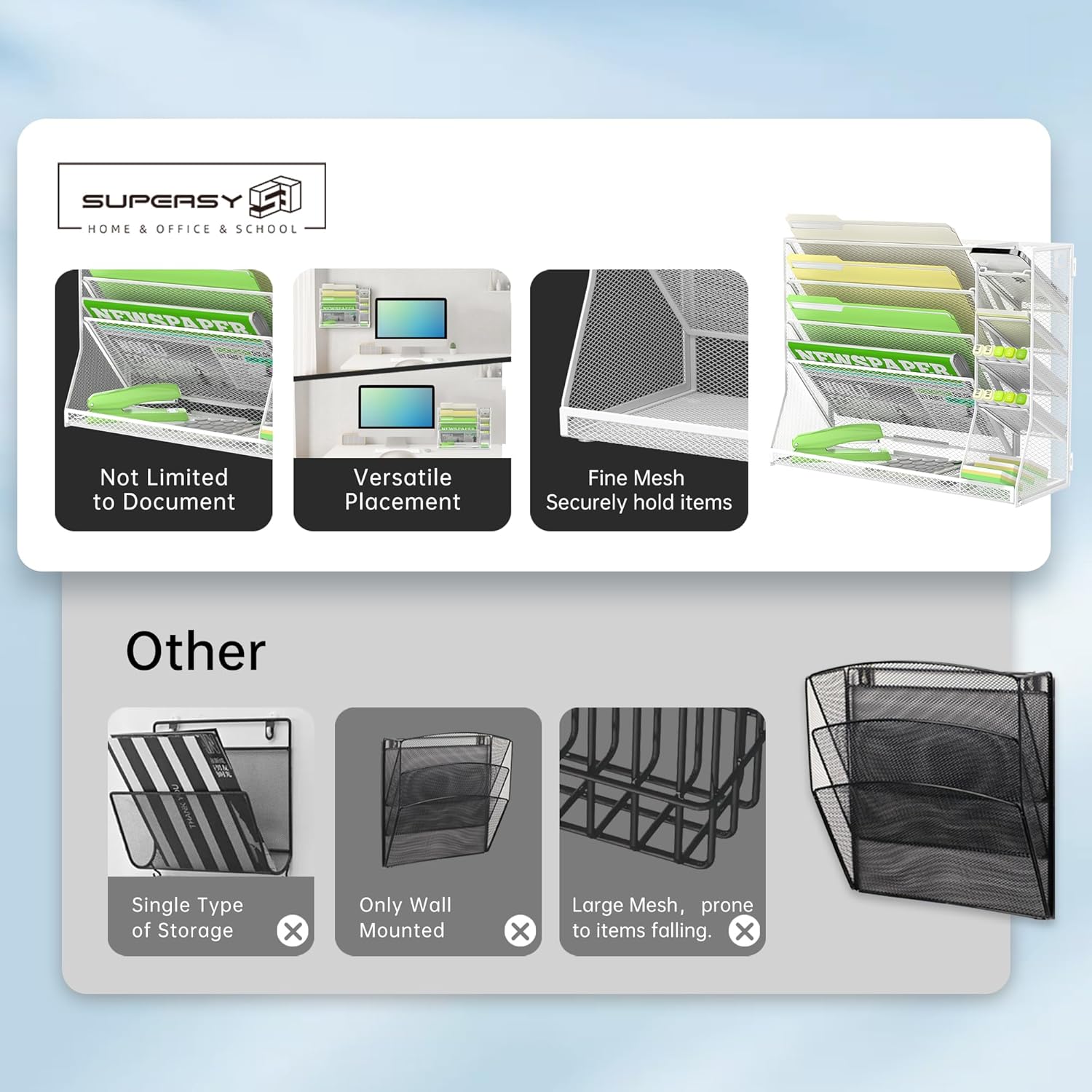 Wall File Organizer, 5-Tier Desk Organizer with 4 Pen Holders, Wall Organizer for Office with R-shaped Bottom Tray, Desk Organizers and Accessories for Office Supplies, White