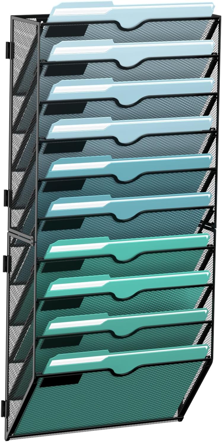 10-Tier Wall File Organizer, Hanging Wall Files for Papers, Folders, Magazines, Wall Organizer for Clipboard, Assembly Needed, Black
