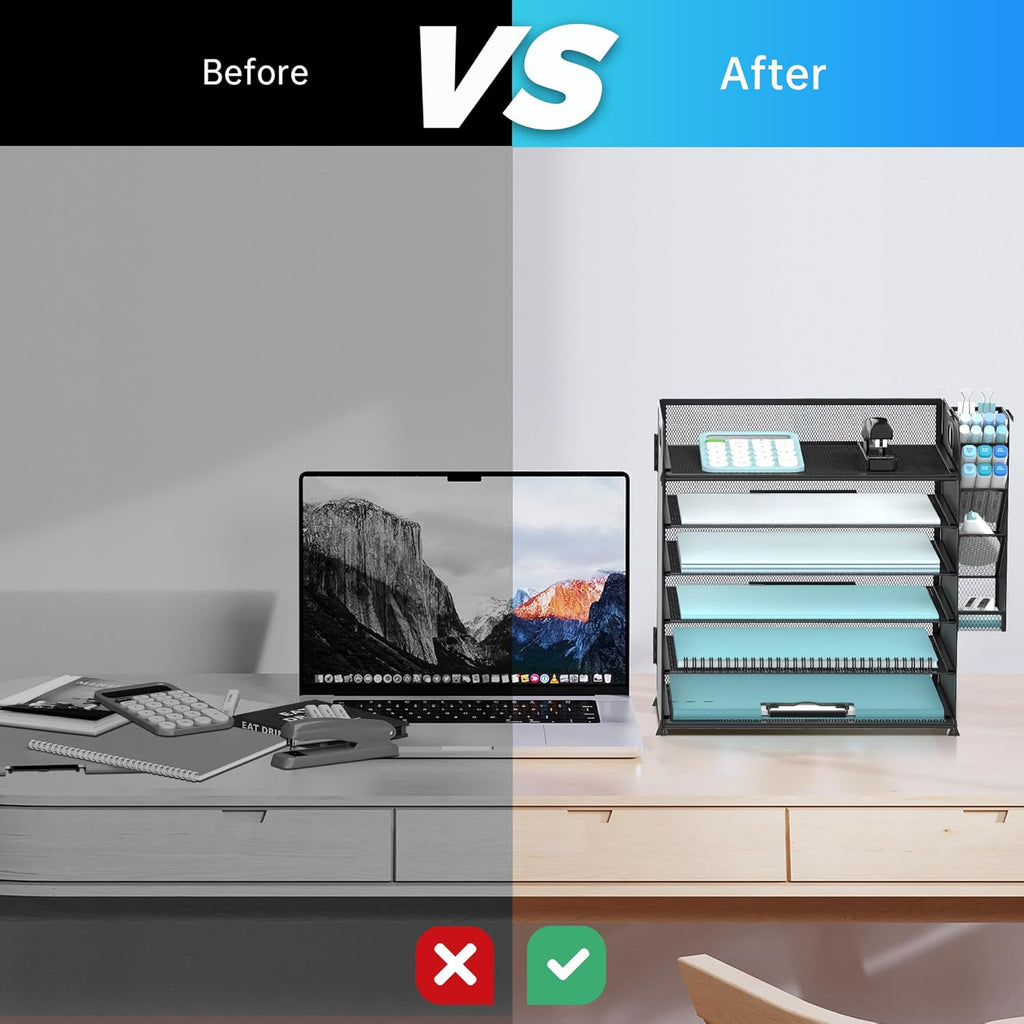 6 Tier Paper Organizer with 4 Pen Holders, Mesh Desk Letter Tray with Handle, A4 File Folder Organizer, Black