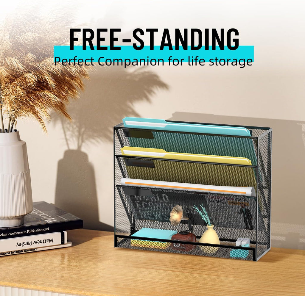 4-Tier Wall File Organizer Mesh Office Mail Holder, Hanging Wall Organizer Magazine Rack for Office Black