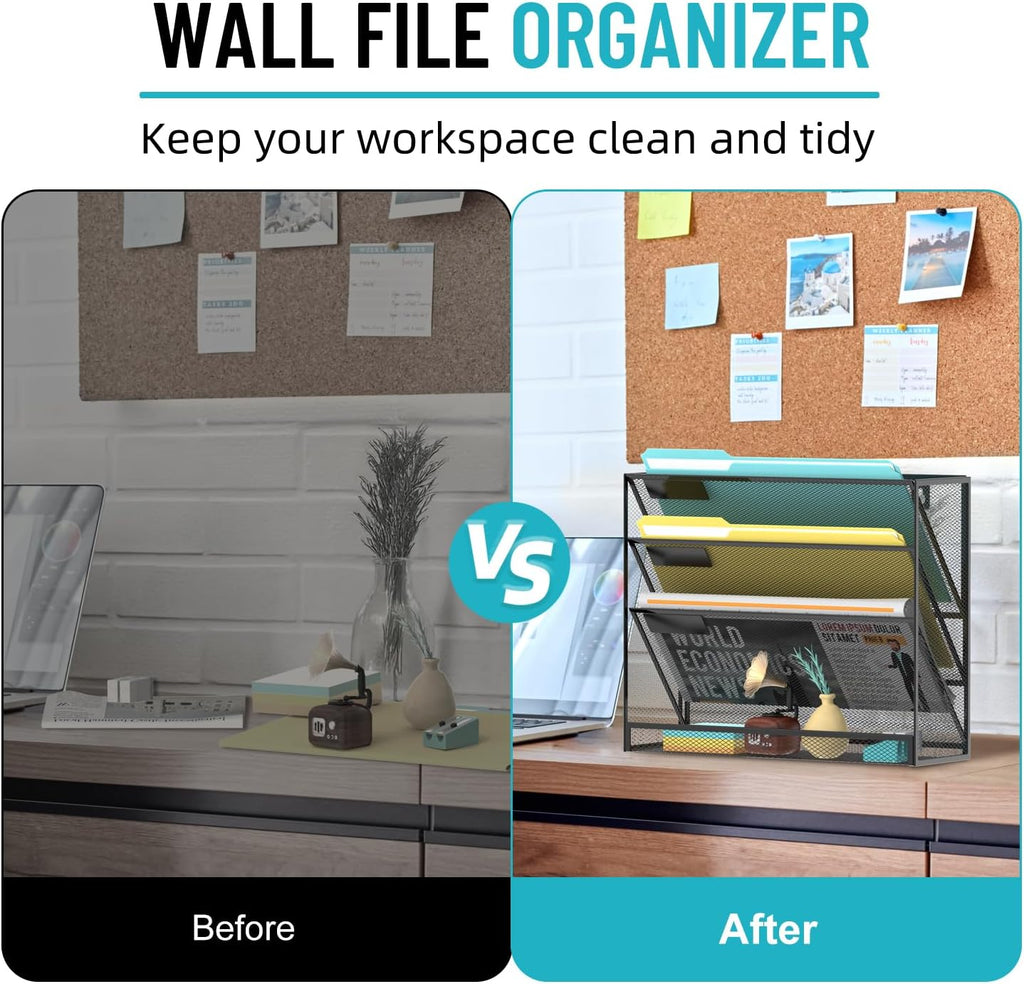 4-Tier Wall File Organizer Mesh Office Mail Holder, Hanging Wall Organizer Magazine Rack for Office Black