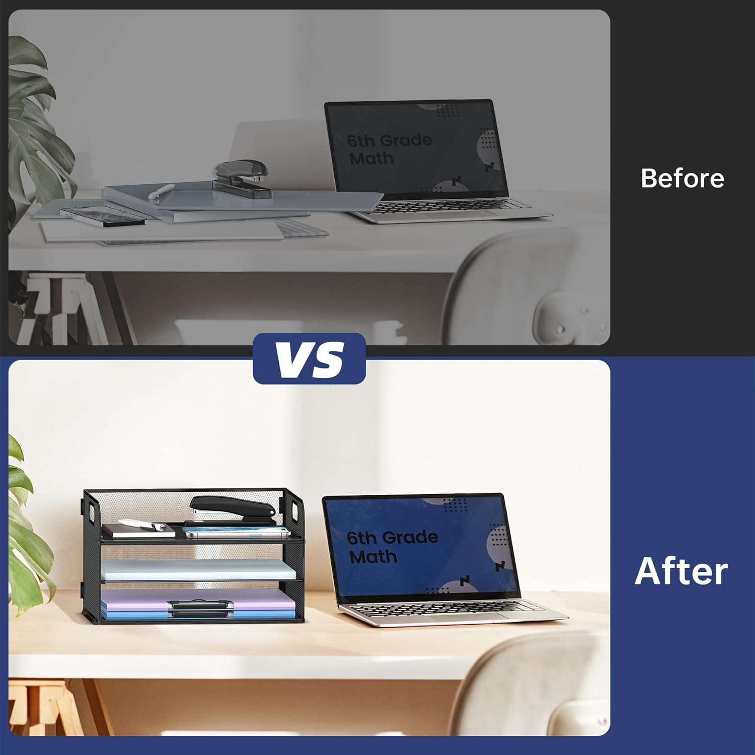 3 Tier Paper Organizer with Handle, Mesh Desk Organizer Letter Tray, Paper Tray File Organizer for A4 File Folder, Black