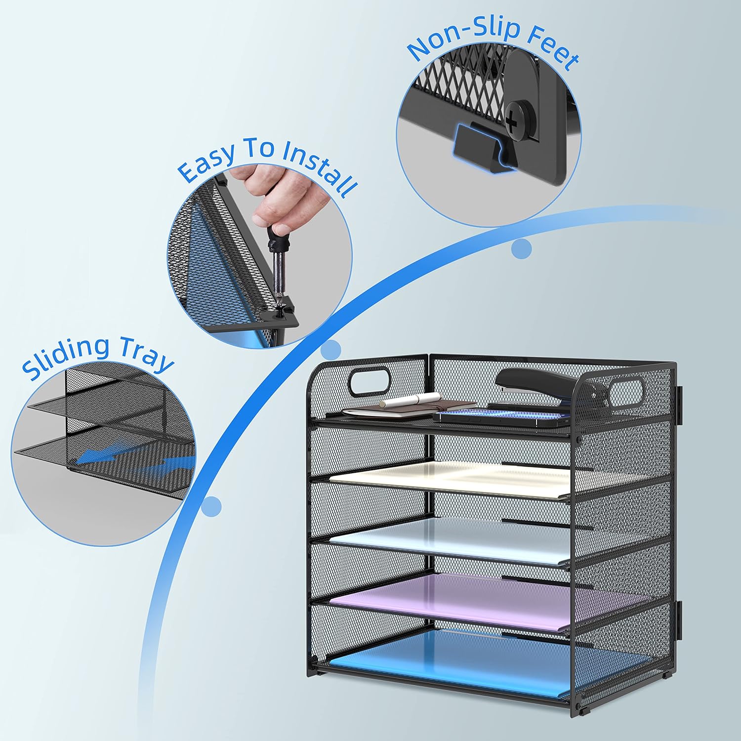 5 Trays Paper Organizer Letter Tray with Handle-Mesh Desk File Organizer, Paper Sorter Desk Organizer for Office, Home or School