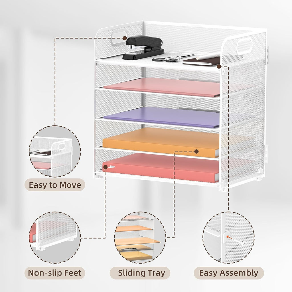 5 Trays Paper Organizer Letter Tray with Handle-Mesh Desk File Organizer, Paper Sorter Desk Organizer for Office, Home or School