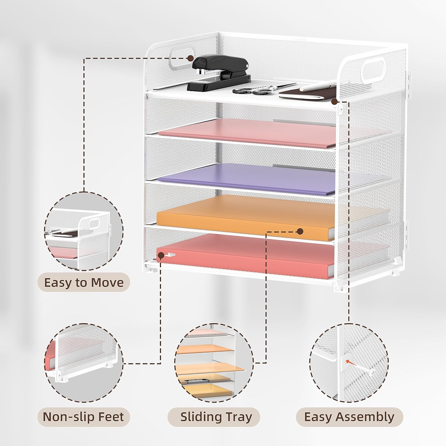 5 Trays Paper Organizer Letter Tray with Handle-Mesh Desk File Organizer, Paper Sorter Desk Organizer for Office, Home or School