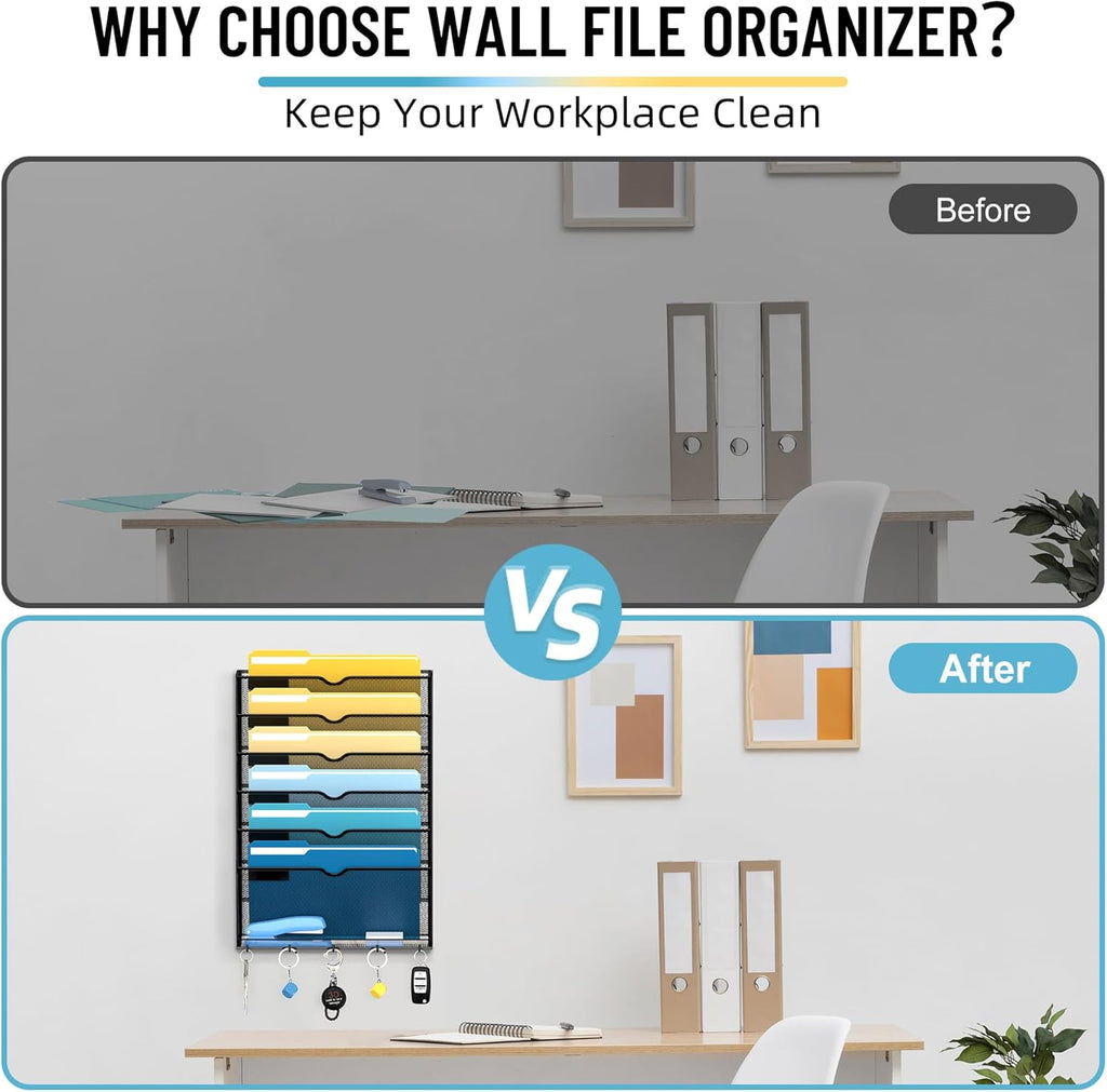 7-Tier Wall File Holder Organizer with Hooks, Mesh Hanging File Organizer, Mail Organizer Wall Mounted for Papers, Folders, Office Magazine Rack, Assembly Needed, Black