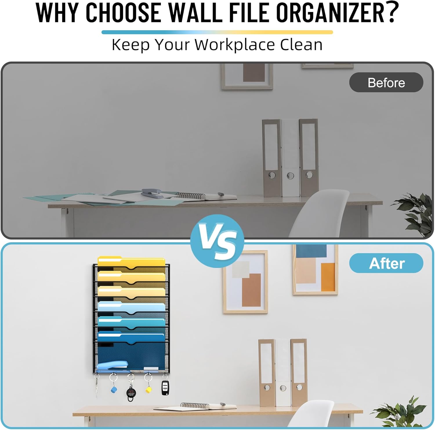 7-Tier Wall File Holder Organizer with Hooks, Mesh Hanging File Organizer, Mail Organizer Wall Mounted for Papers, Folders, Office Magazine Rack, Assembly Needed, Black