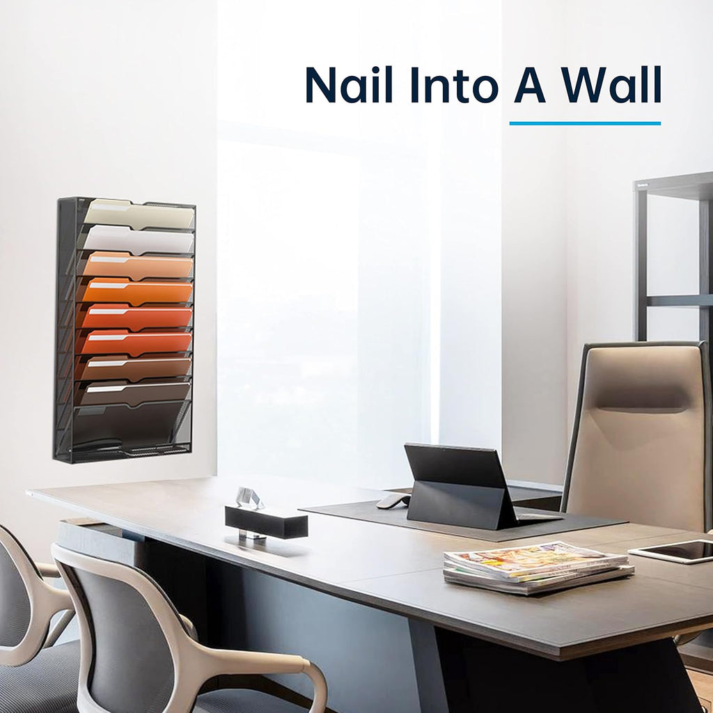 10-Tier Hanging Wall File Holder Organizer for Papers, Folders, Files Clipboard &amp; Magazine Organization Great for Office Home, Black