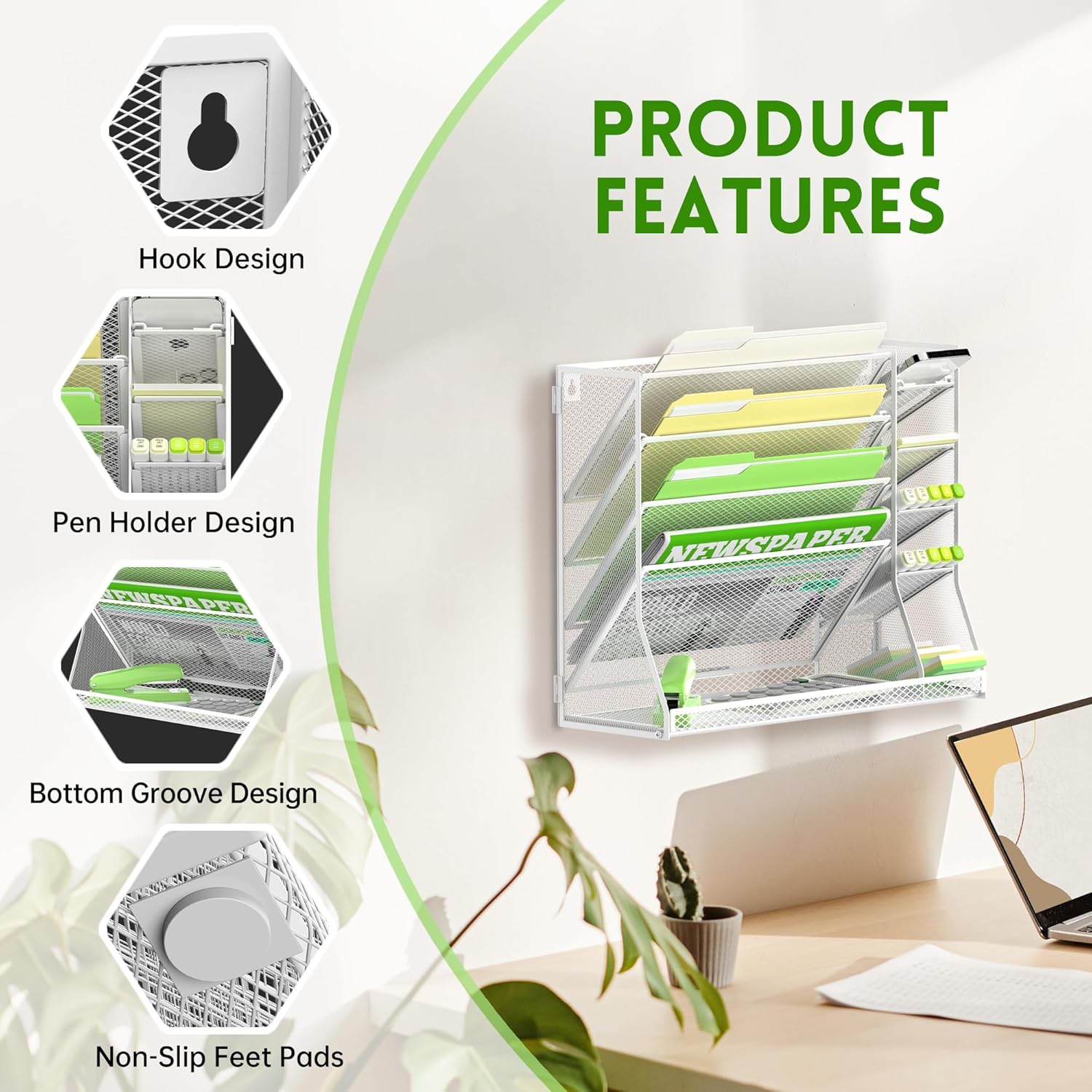 Wall File Organizer, 5-Tier Desk Organizer with 4 Pen Holders, Wall Organizer for Office with R-shaped Bottom Tray, Desk Organizers and Accessories for Office Supplies, White