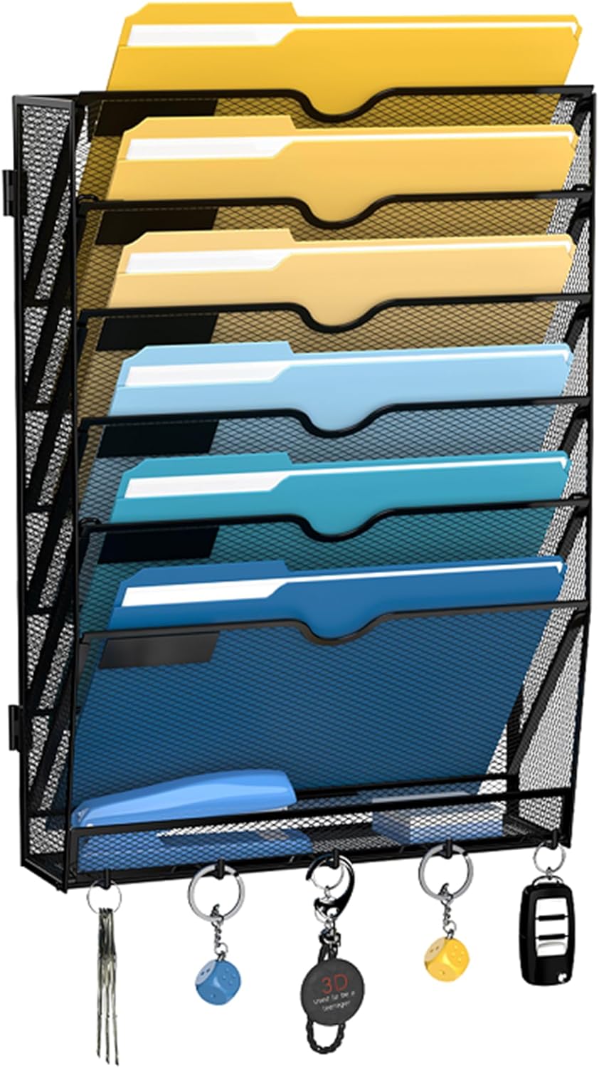 7-Tier Wall File Holder Organizer with Hooks, Mesh Hanging File Organizer, Mail Organizer Wall Mounted for Papers, Folders, Office Magazine Rack, Assembly Needed, Black